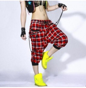 Red plaid middle length cotton women's girls stage performance fashion harem  hip hop  jazz dance practice pants trousers